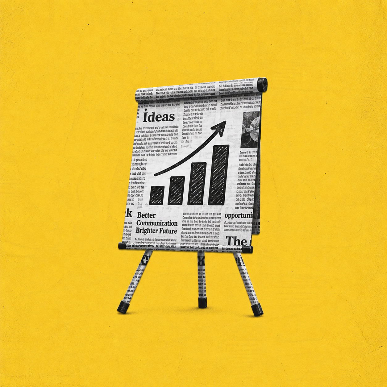 Kolaż z wycinków gazet: flipchart z rosnącym wykresem na żółtym tle