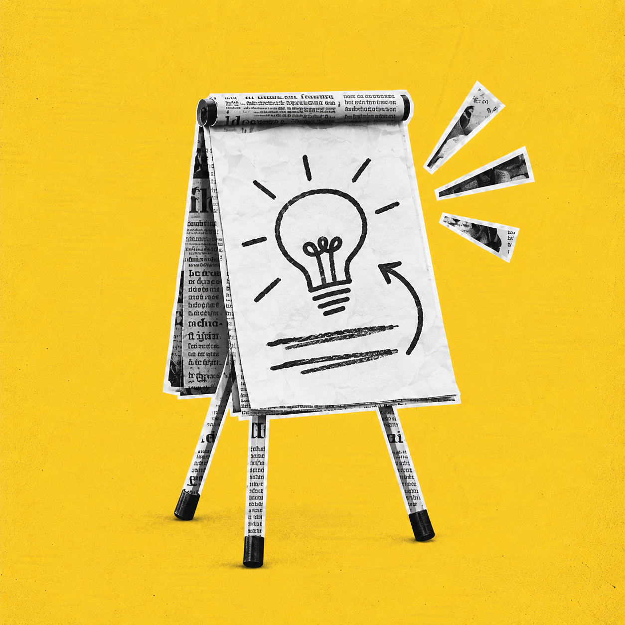 Gazetowy flipchart z narysowaną żarówką
